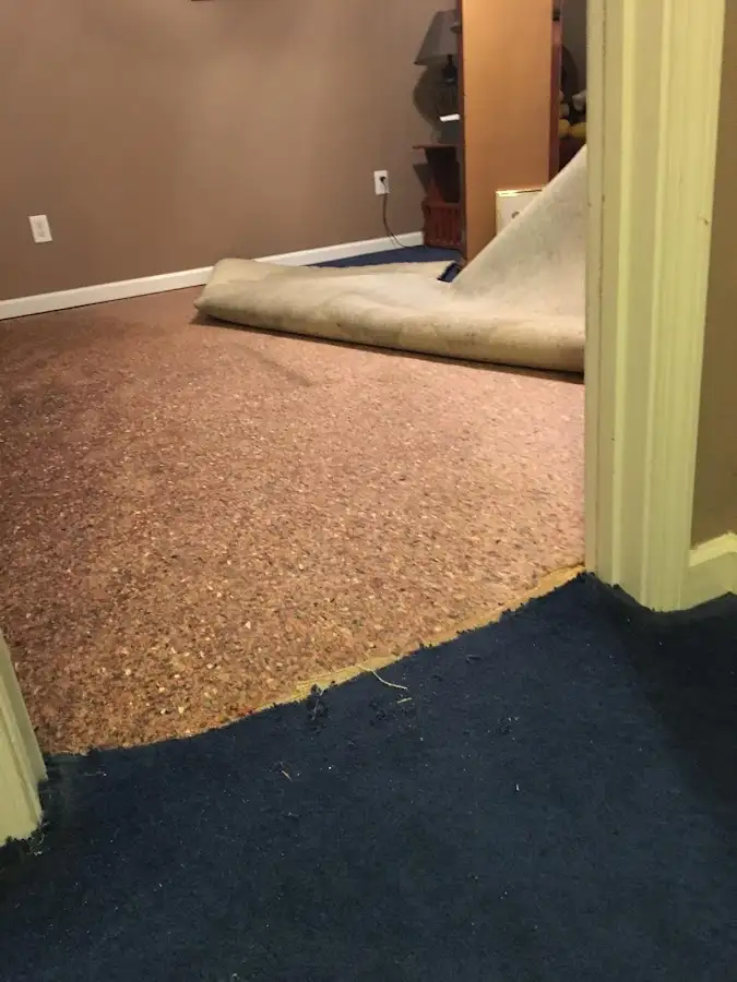 Carpet pad removal revealing water damage during Water Mitigation Services in Holly Springs